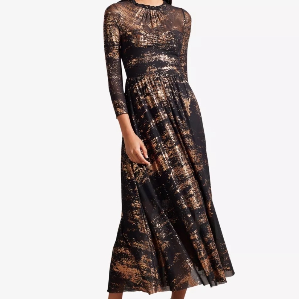 Ted Baker Black / Metallic Gold Iggiey Size 3 (Medium) Midi Party Dress